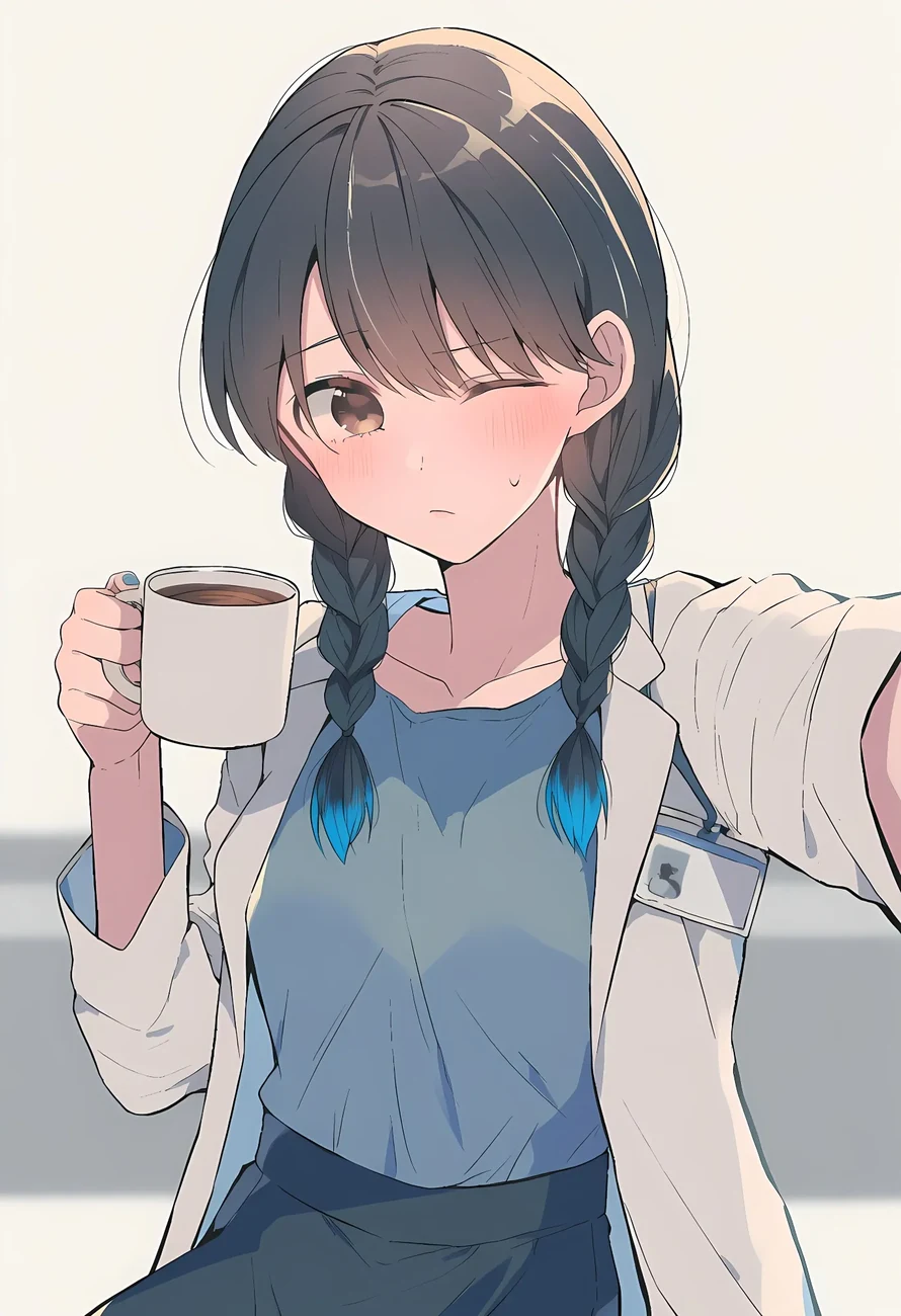 Aiko holding a warm drink while wearing her white coat