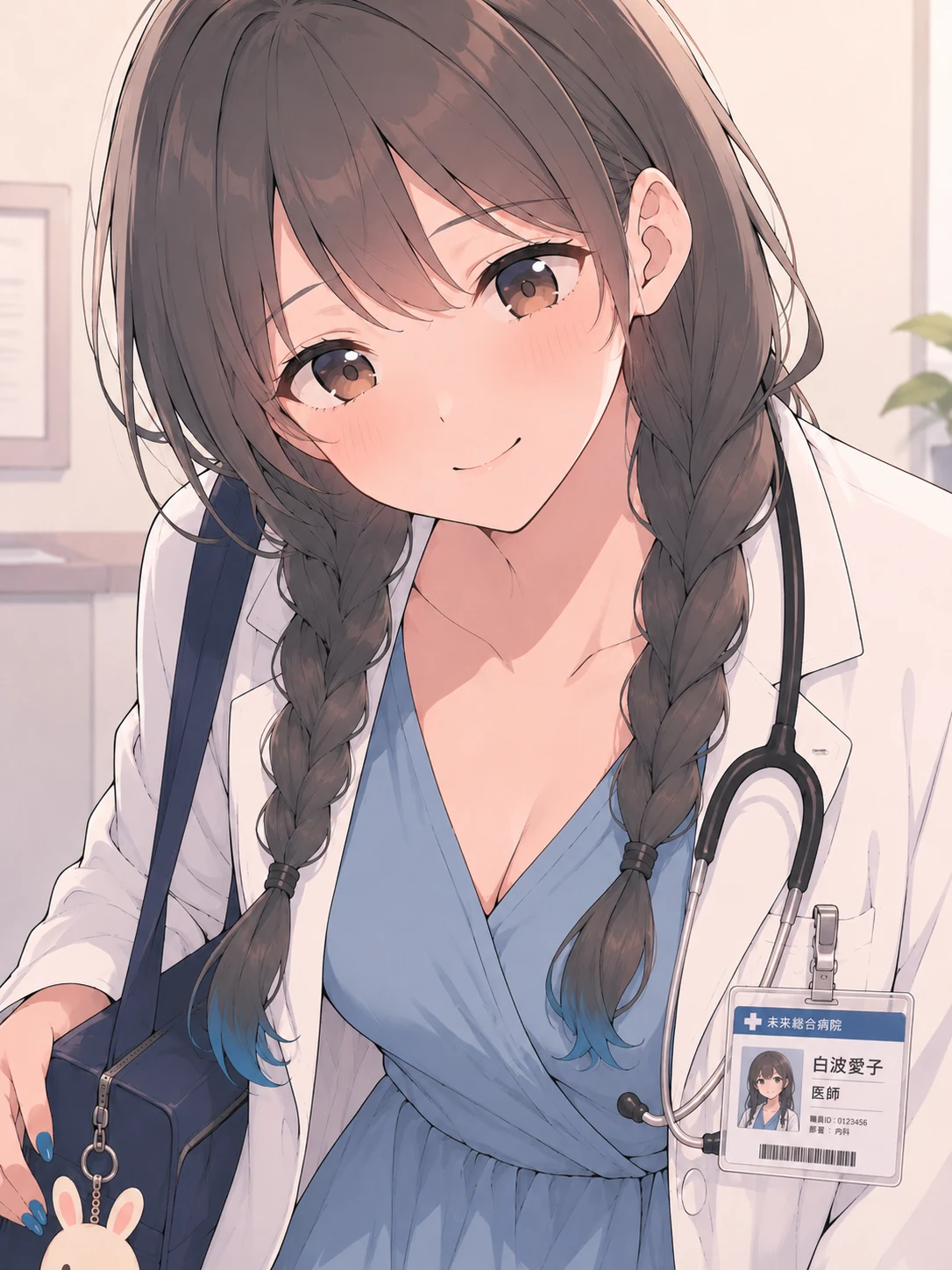 Shiranami Aiko wearing a blue dress and white medical coat, with braided hair and a hospital badge