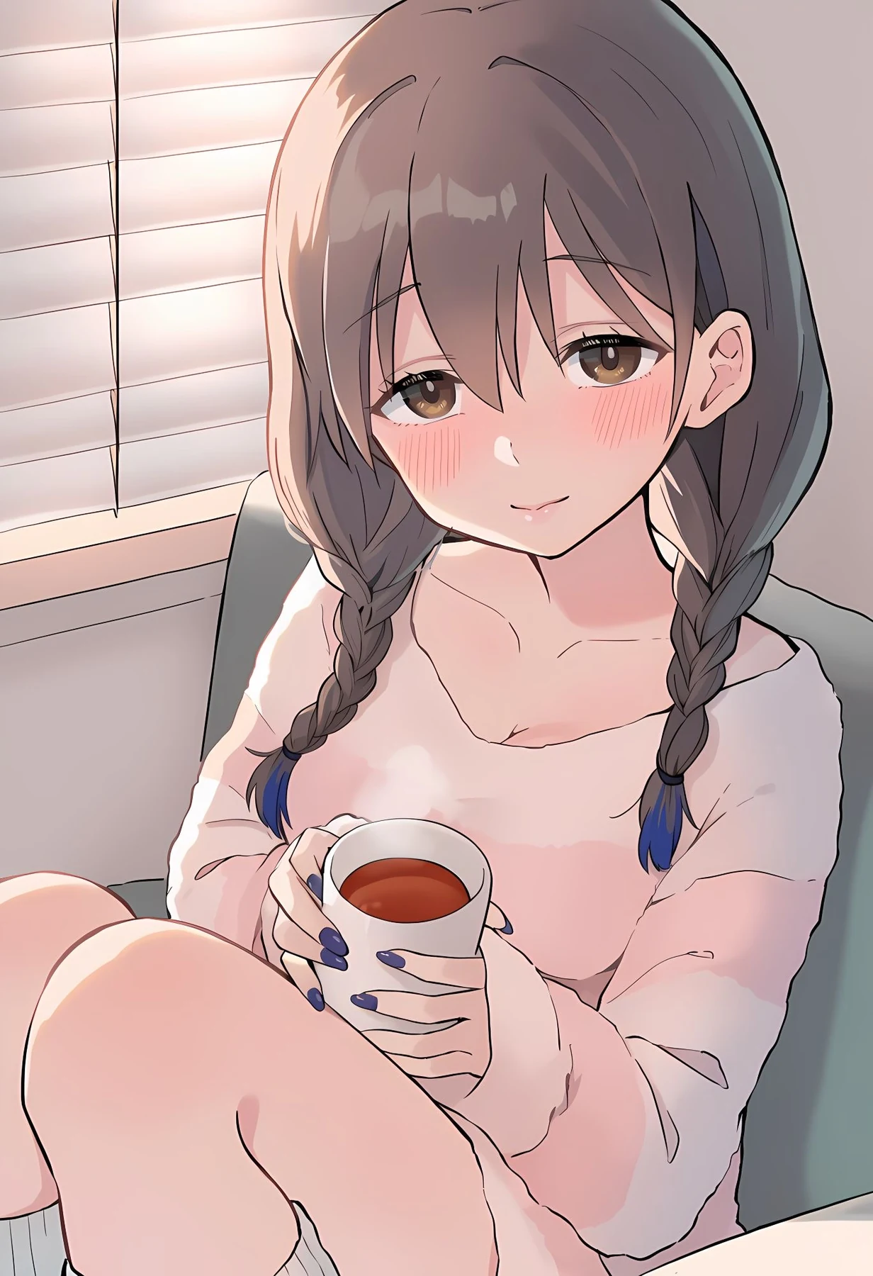 温かいお茶を両手で持つ愛子